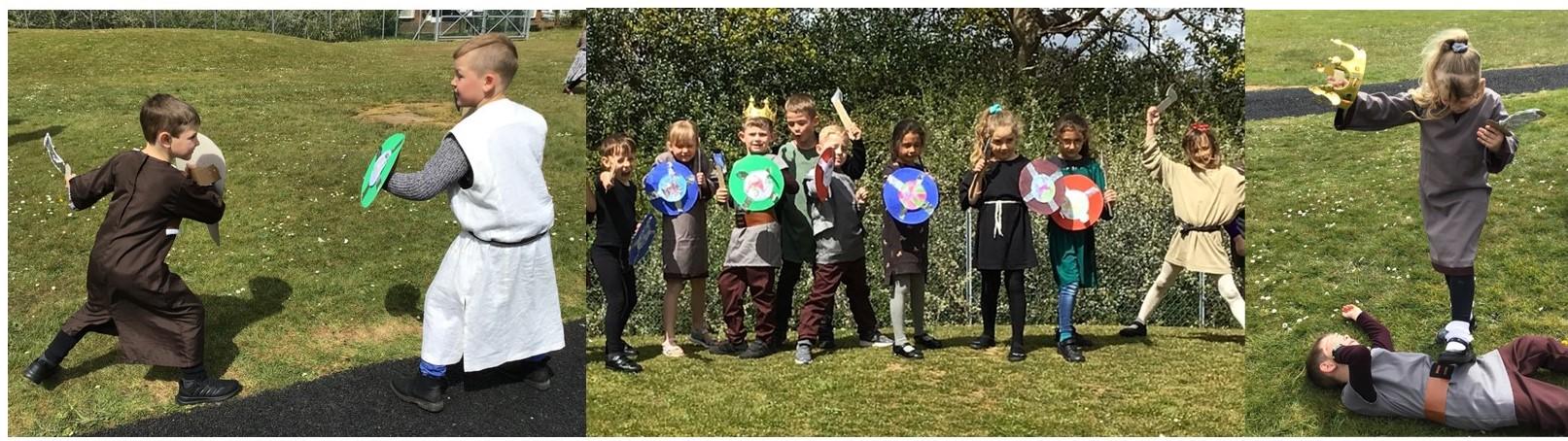 Children taking part in a battle re-enactment